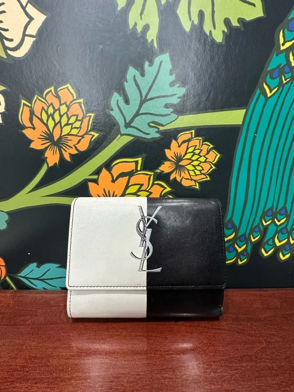 Yves Saint Laurent YSL Leather Wallet Black White Logo Trifold - Picture 3 of 12